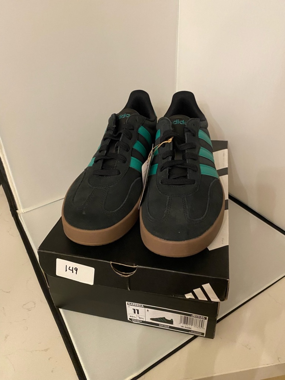 Adidas Men’s/Womens Barreda Black Sneaker with Green Stripes and Gum Sole,NWT